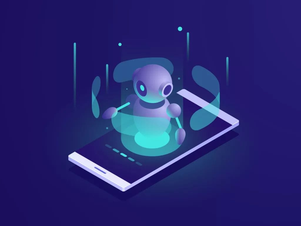 Artificial Intelligence isometric ai robot on mobile phone screen chatbot app vector neon Psycray gpt 4