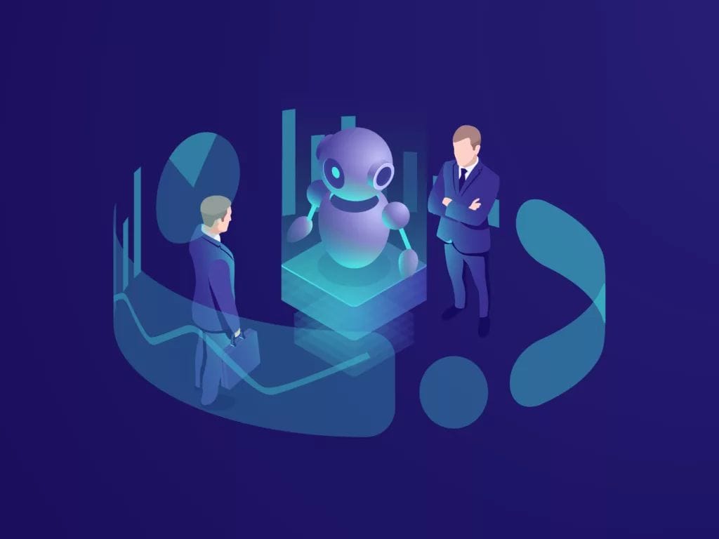 Isometric business concept of man thinking crm system artificial intelligence robot ai consulting agency smart technology progress vector neon