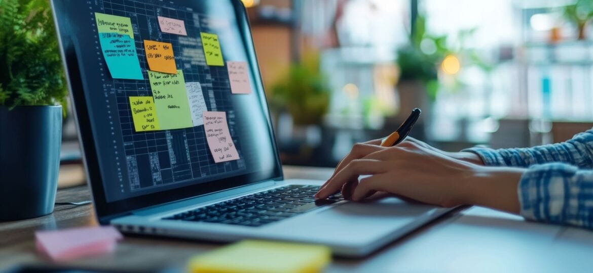 A person working on a laptop with a project management dashboard on the screen, covered in colorful sticky notes. The workspace is well-lit, featuring a cozy, plant-filled background.