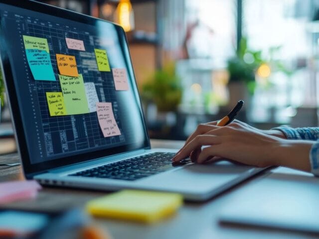 A person working on a laptop with a project management dashboard on the screen, covered in colorful sticky notes. The workspace is well-lit, featuring a cozy, plant-filled background.