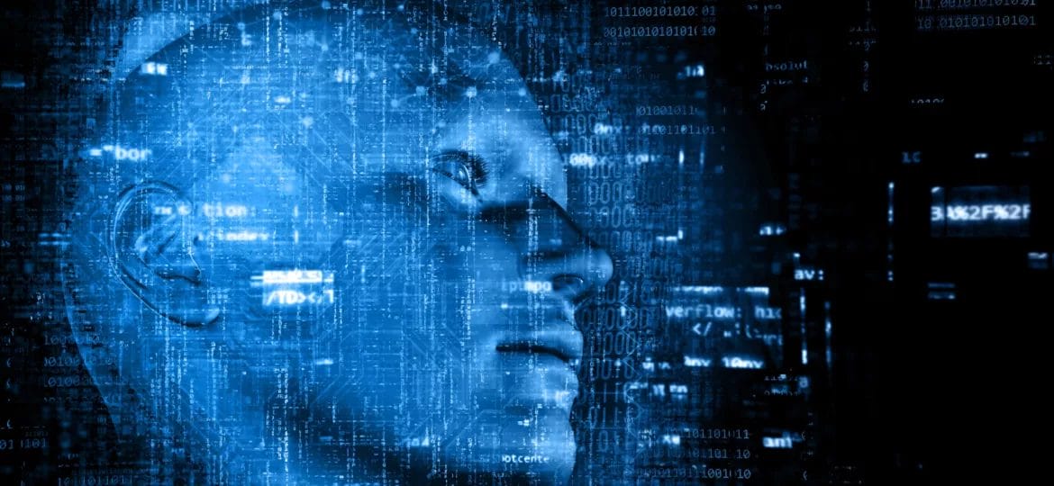 3D technology background with code over male head