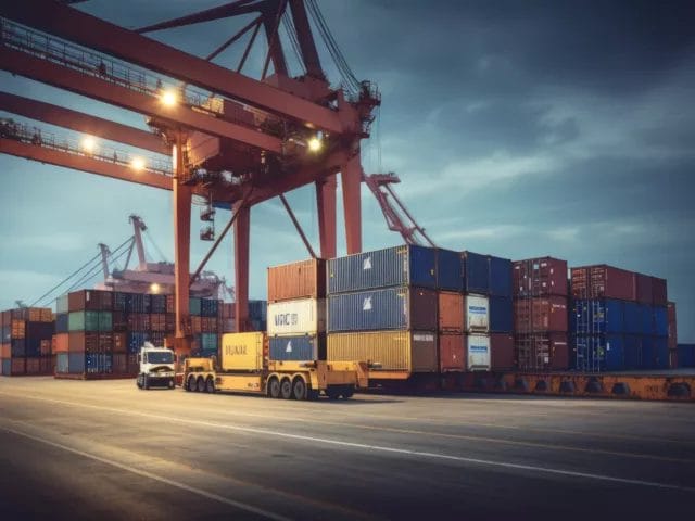 Logistics and transportation of Container Cargo ship and Cargo plane with working crane bridge in shipyard at sunrise logistic import export and transport industry background Ai generative