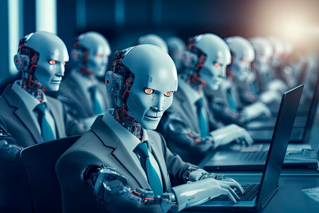 humanoid robots working in an office with computers Psycray