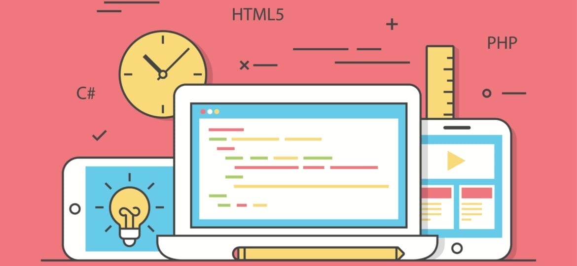 Linear Flat responsive web development layout website hero image vector illustration App programming technology and software concept C PHP HTML5 CSS3 technologies laptop tablet and smartphone