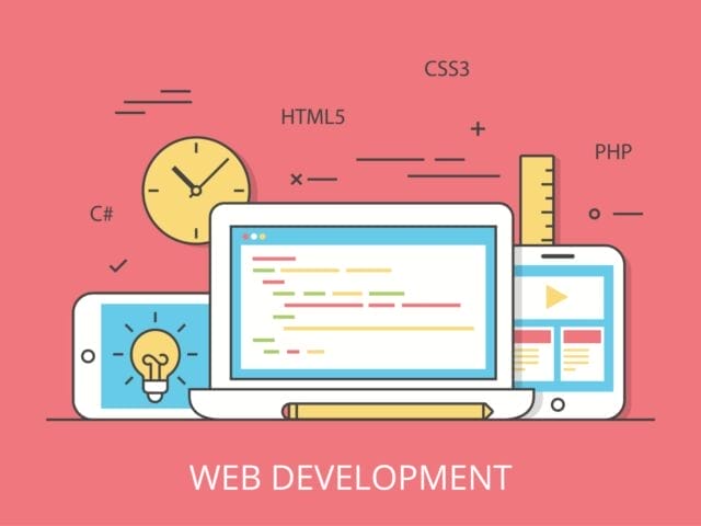 Linear Flat responsive web development layout website hero image vector illustration App programming technology and software concept C PHP HTML5 CSS3 technologies laptop tablet and smartphone