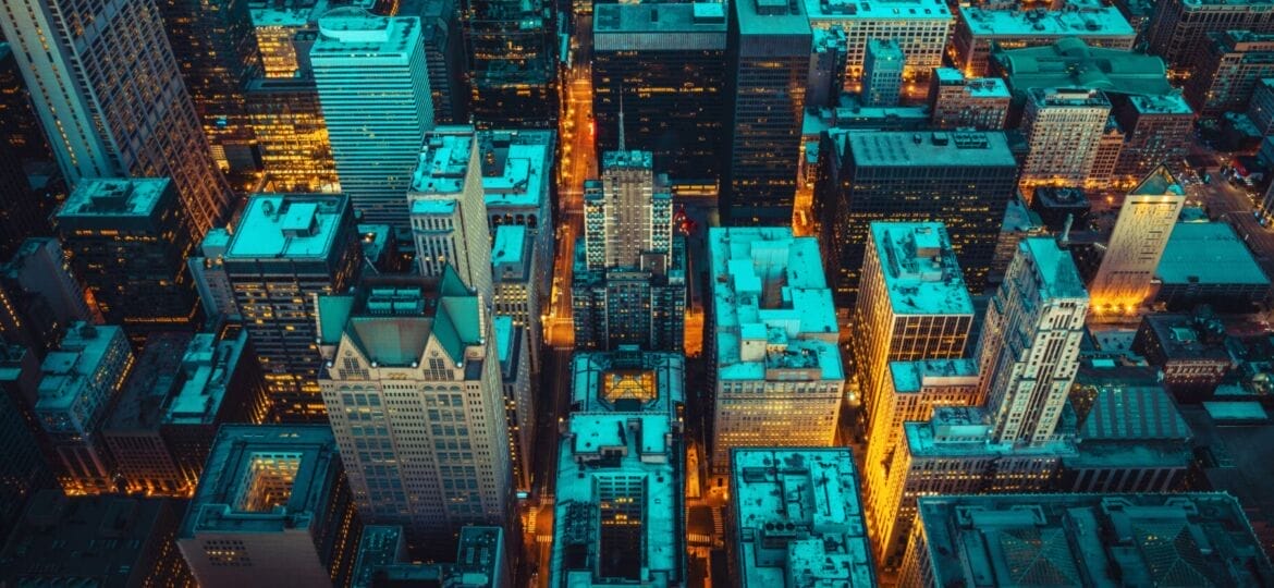 Aerial view of Chicago by night