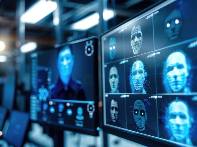 A high-tech security monitoring system with multiple screens displaying AI-driven facial recognition analysis, featuring digital wireframe overlays on faces in a dimly lit control room.