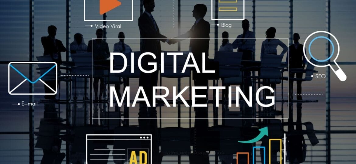 A sign in front of a glass-door office reads "Digital Marketing" as decoration for our post about online marketing consultant experts.