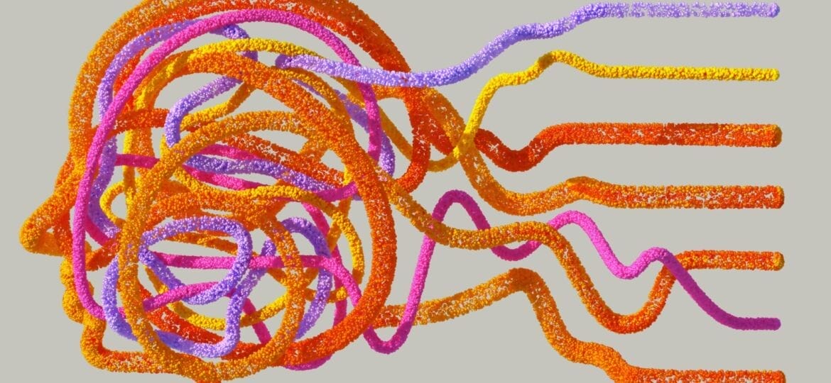 Colorful orange, pink, purple, and yellow strings tangle together to make the shape of a human mind. (Photo by Google DeepMInd).