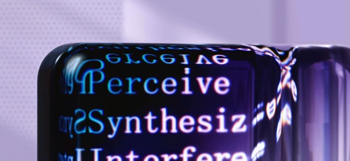 The words "Perceive," "Synthesize," and "Interfere," on a block. Photo credit: GoogleDeepMind.