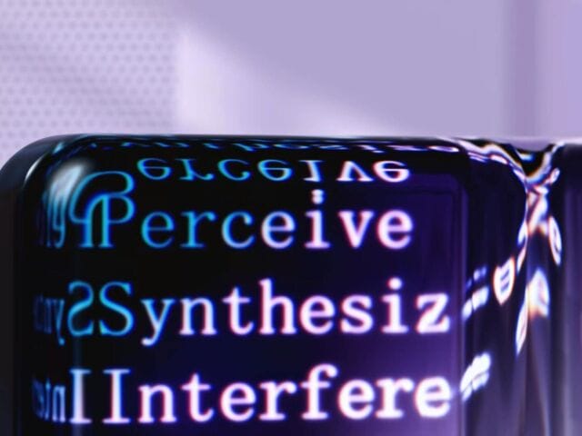 The words "Perceive," "Synthesize," and "Interfere," on a block. Photo credit: GoogleDeepMind.