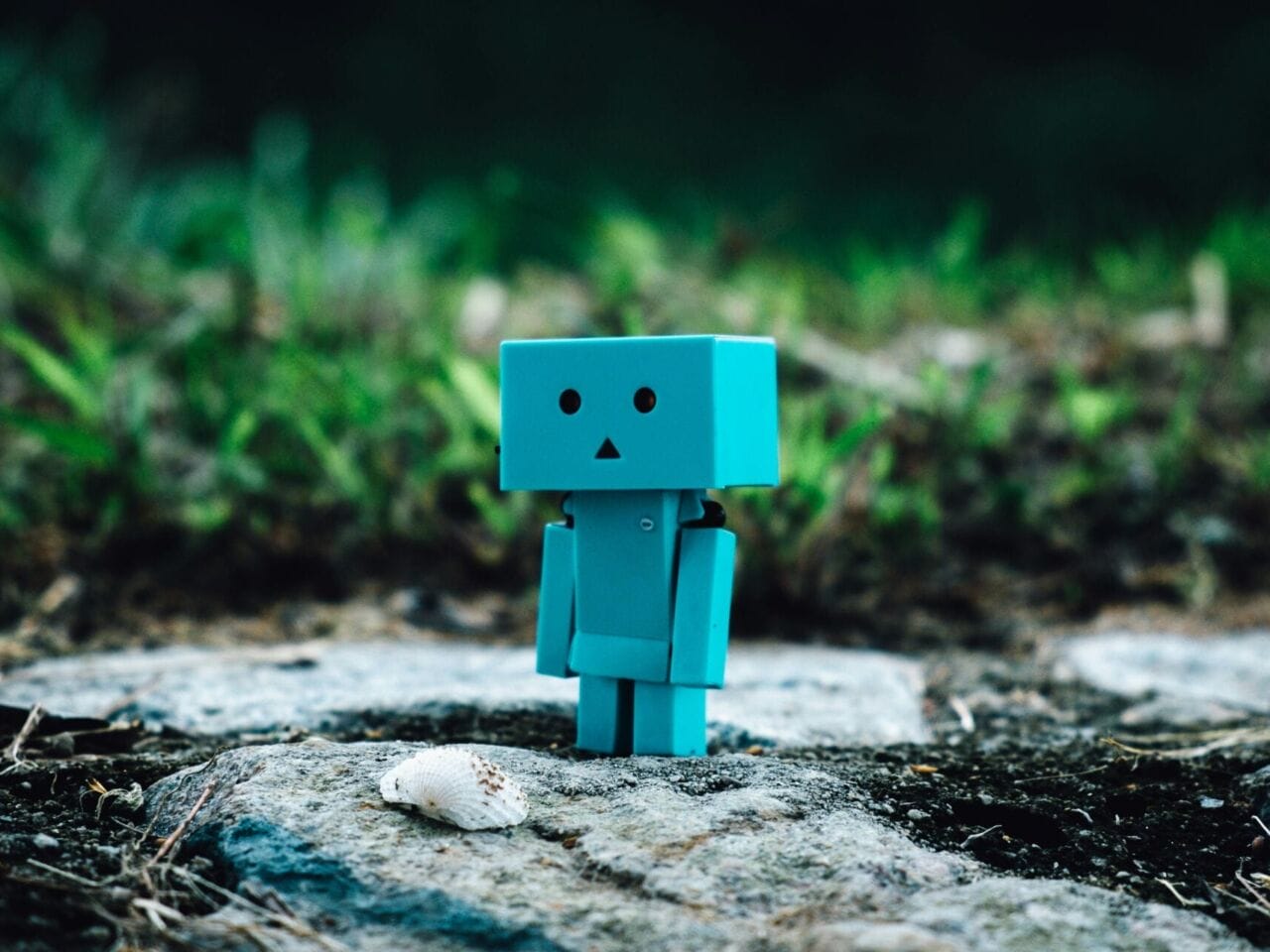 A robot stands on a rock in an outdoor space surrounded by grass. (Photo by: Zamani Sahudi).