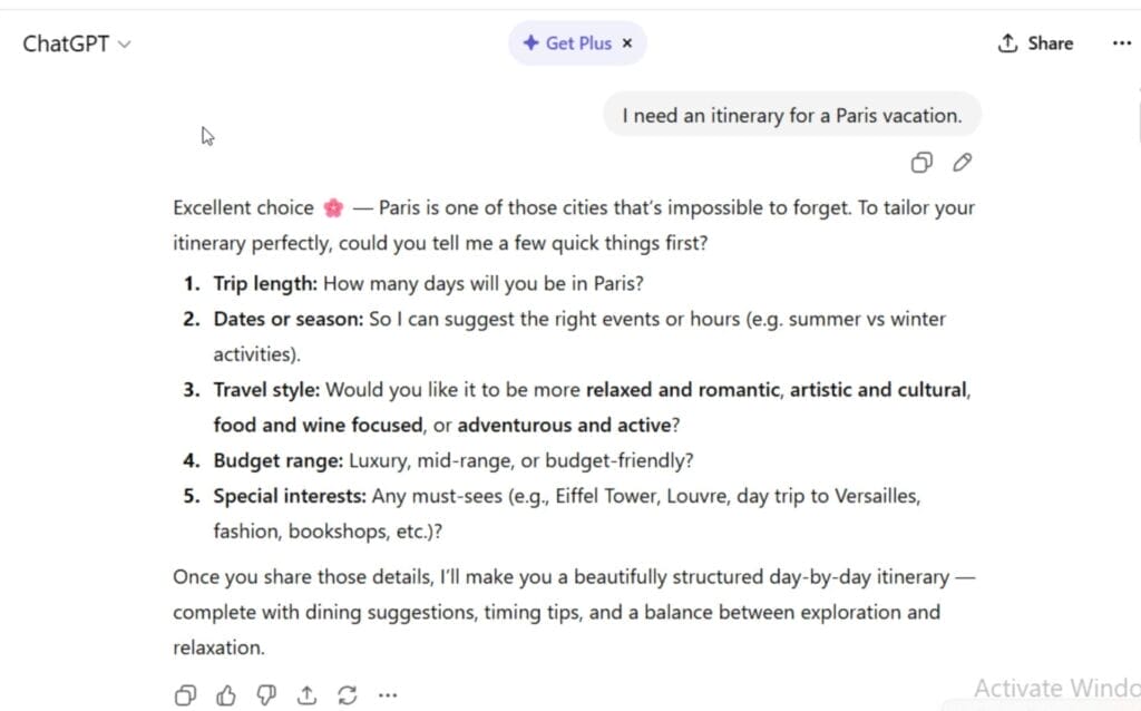 Screenshot 20251119 at 100416 AM Psycray A screenshot of a message to ChatGPT saying I need an itinerary for a Paris vacation followed by ChatGPT's response.