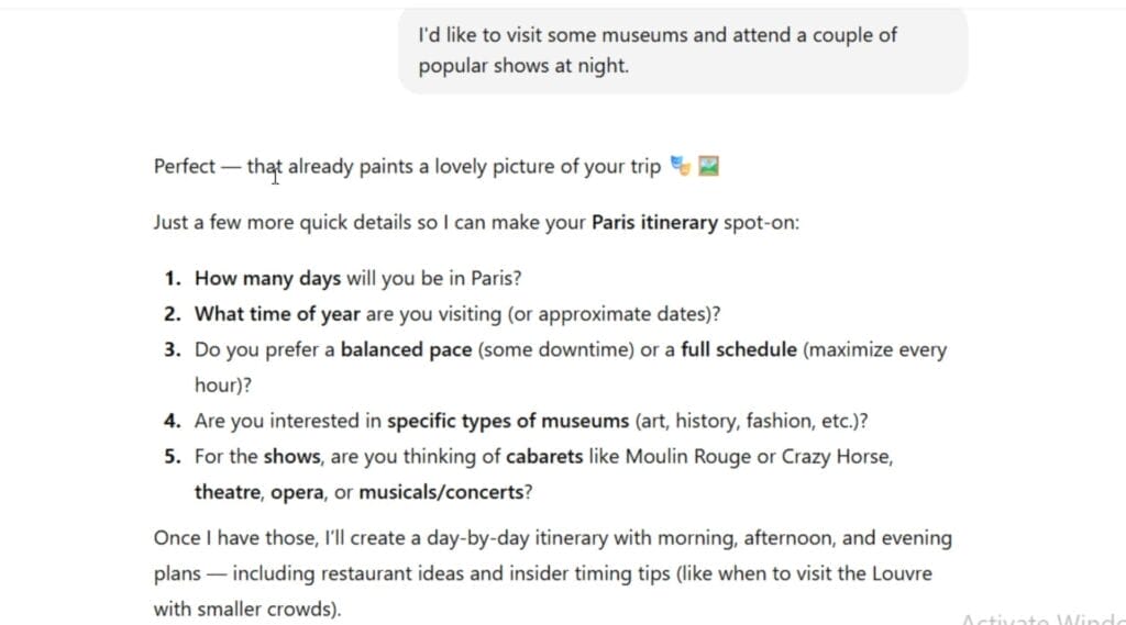 Screenshot 20251119 at 100433 AM Psycray A screenshot of a text to ChatGPT saying I'd like to visit some museums and attend a couple of popular shows at night" followed by ChatGPT's response.