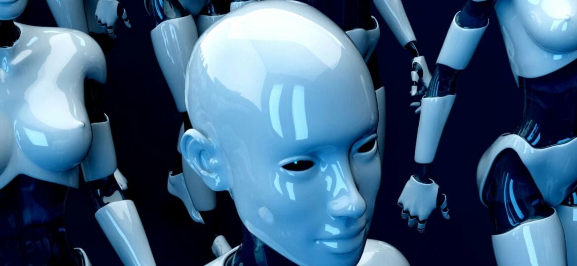 AI agent with a blue-ish head surrounded by robots.
