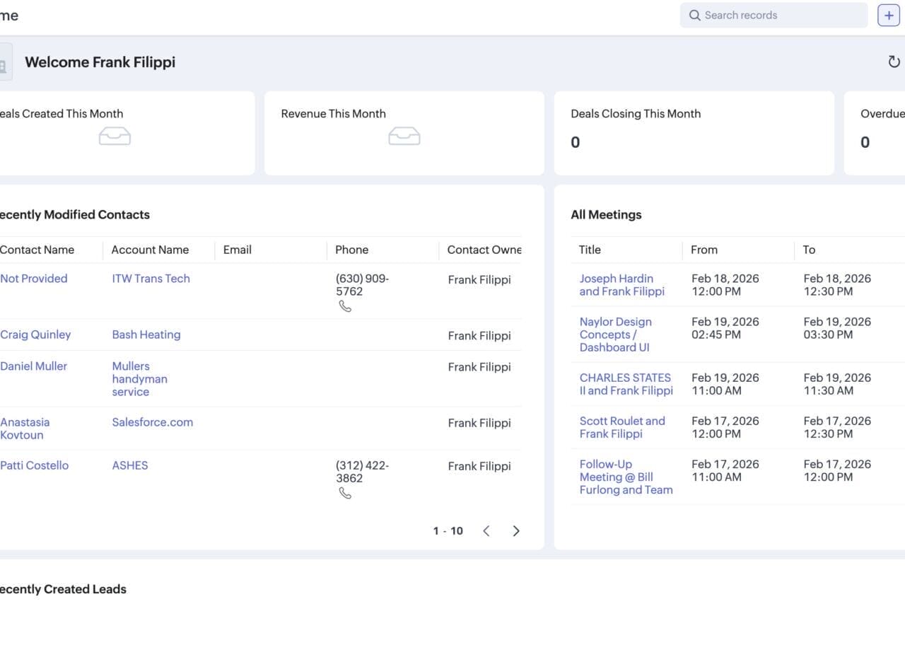 A screenshot of the home page of our CRM.