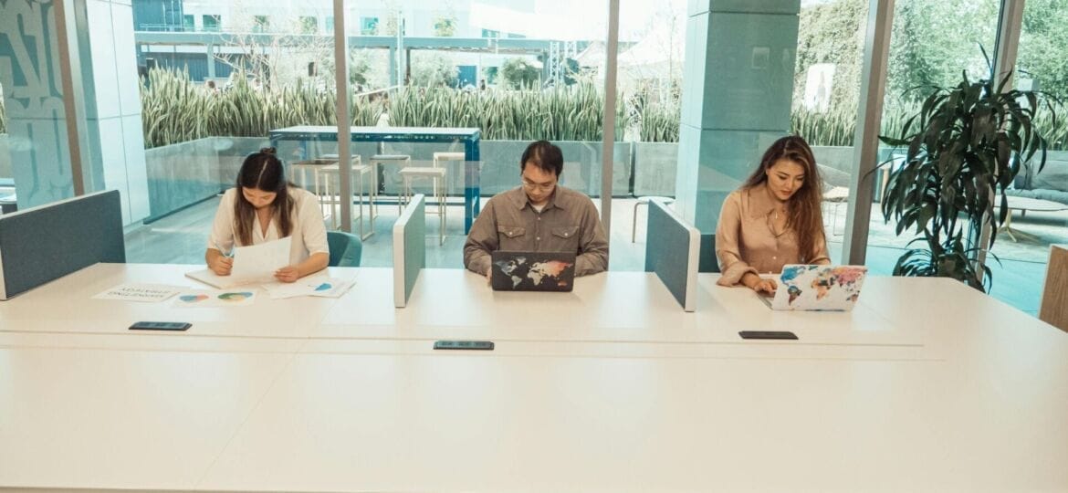 Three employees work in adjacent cubicles on their laptops.